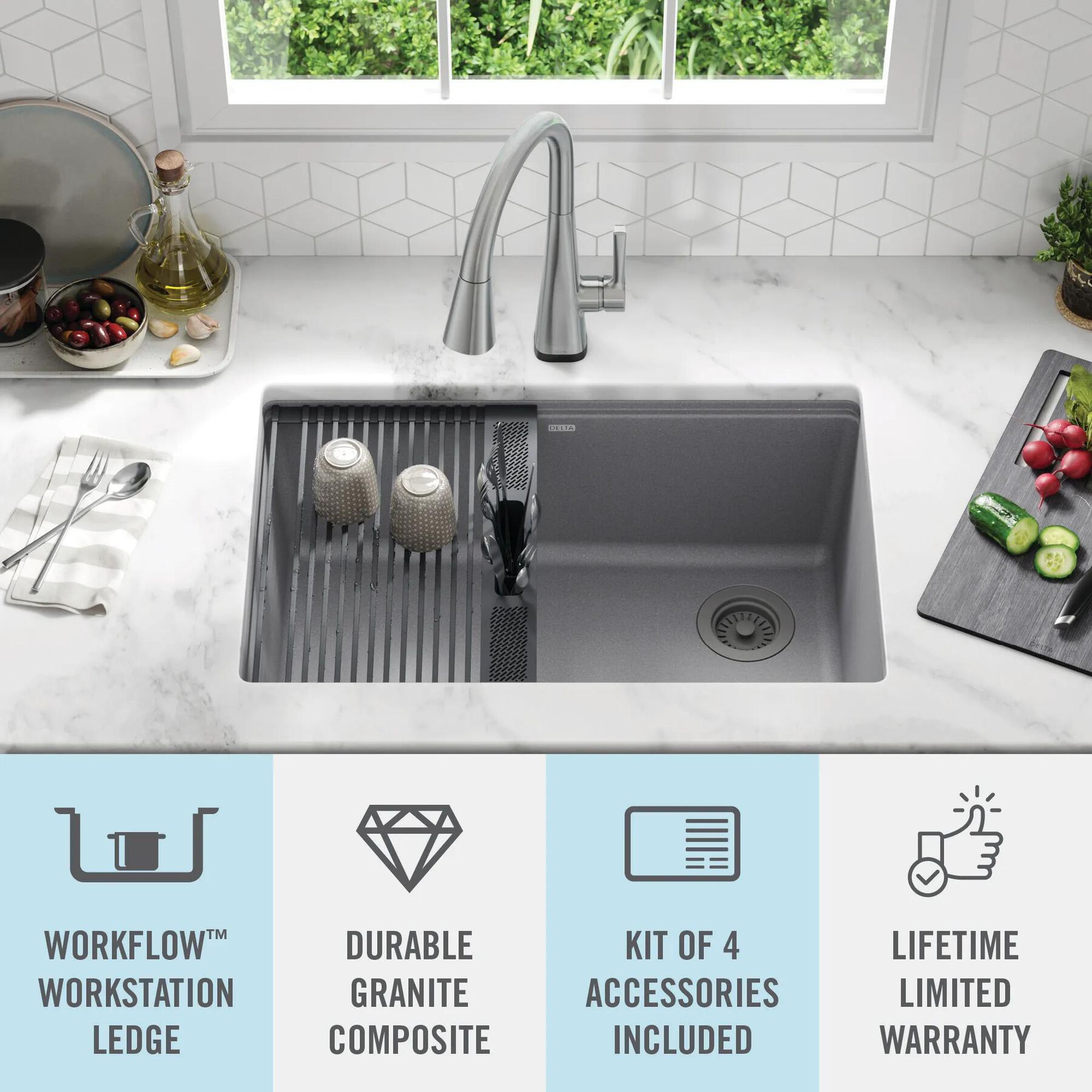 30&rdquo; Granite Composite Workstation Kitchen Sink Undermount Single Bowl with WorkFlow&trade; Ledge and Accessories in Dark Grey